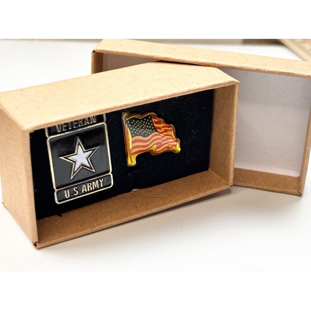 U.S. Army Veteran Star Pin & American Flag Lapel Pin Set With Box